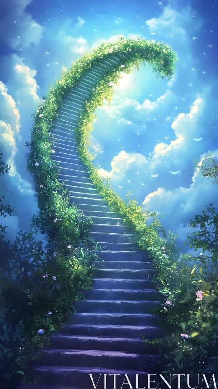 Curved stone stairway wrapped in lush greenery to sky.