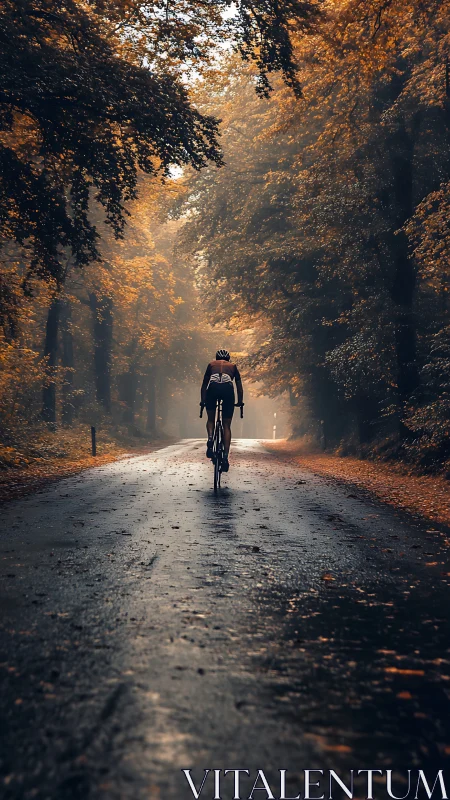 Cyclist on Autumn Forest Path.