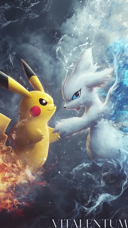 Electric and ice creature duel amid fire and water storm.