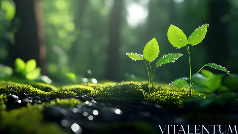 Dewdrop Saplings Emerging Through Emerald Moss.