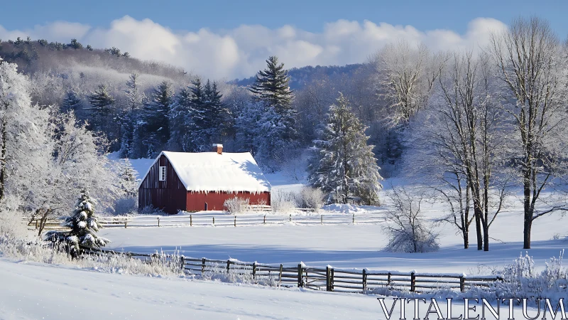 Red barn amid snow-covered trees in bright winter sunlight.
