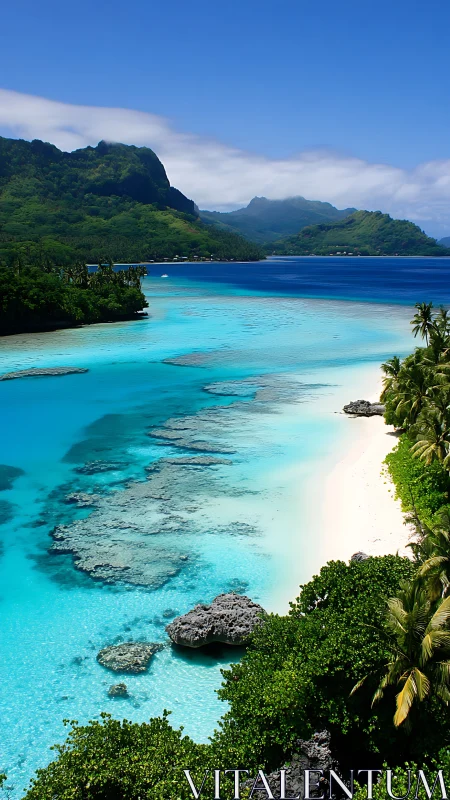 Tropical lagoon with volcanic peaks and reef formation.