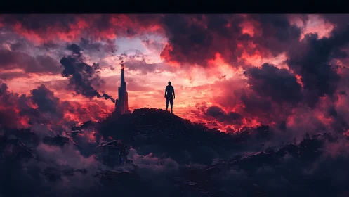 Lone silhouette overlooks burning sky above ruined city.