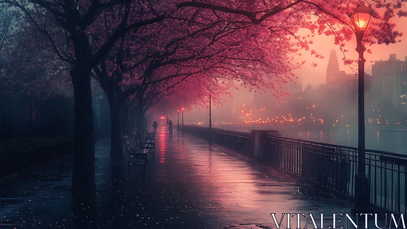 Rainlit cherry blossoms haunt a misty riverside promenade.