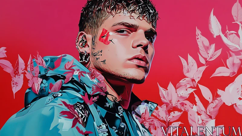 Bold portrait glows in hot pink tones and floating petals