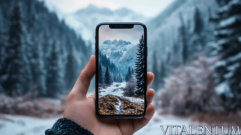 Smartphone frames crisp alpine valley under fresh winter snow.