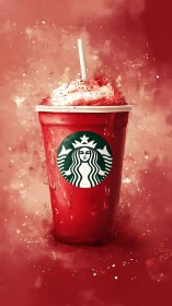 Red iced beverage with whipped cream in painterly portrait