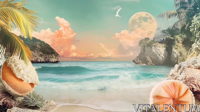 Composite tropical seascape with lunar elements and shell motifs.