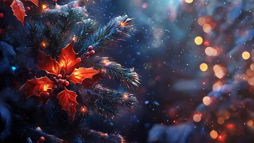 Illuminated holly leaves on winter evergreen branch at night.