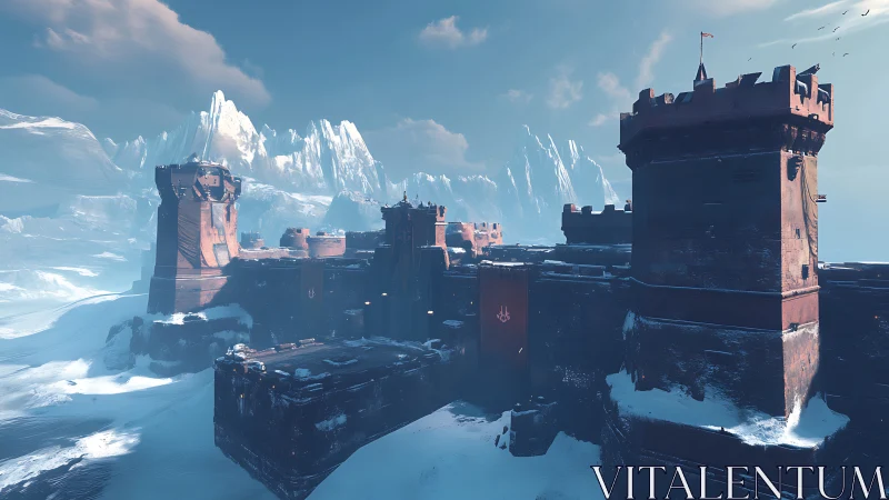 Crimson fortress wrapped in snow beneath icy blue peaks.