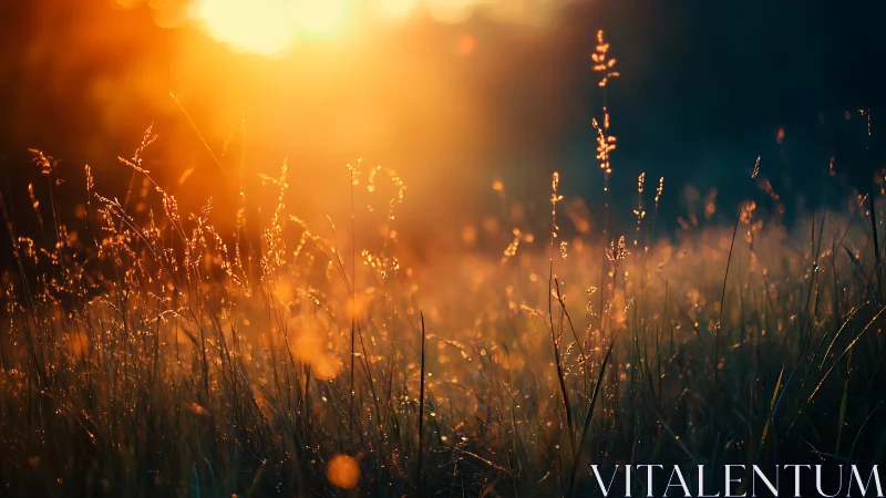 Backlit grass stems glow in low sunrise light across field