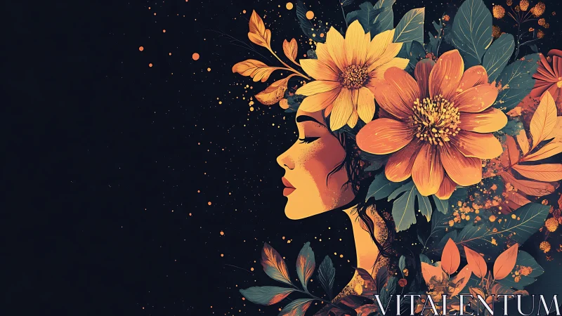 Profile Portrait with Floral Crown and Cosmic Background.