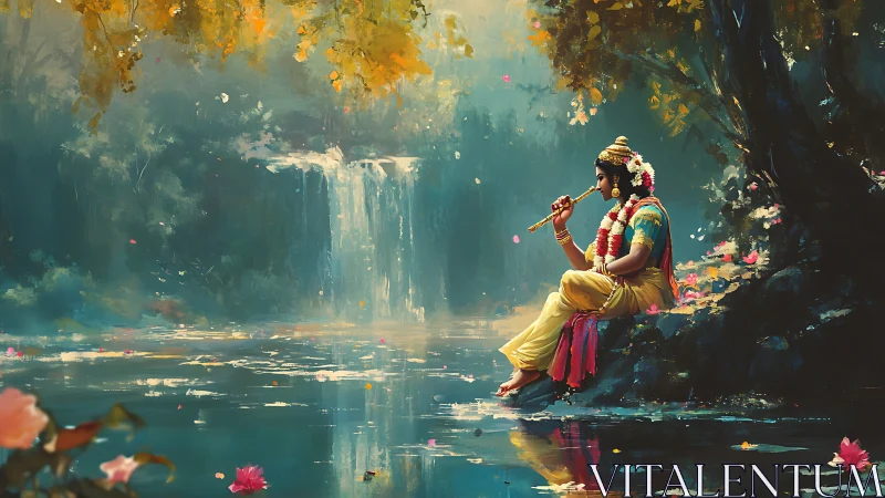 Flute song curls through mist as the river listens softly