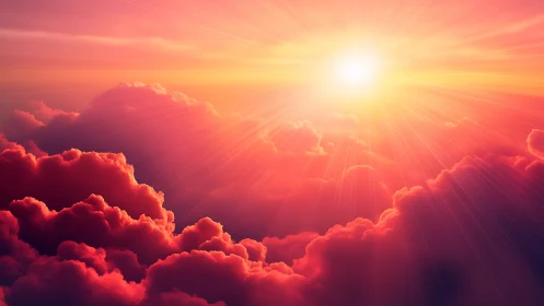 Sun above dense clouds with radiating light beams.