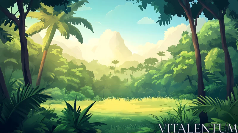 Tropical Jungle Clearing Bathed Golden Sunlight Mountain Vista
