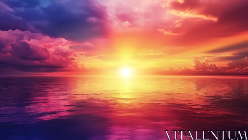 Multicolor ocean horizon with sun low over reflective water.