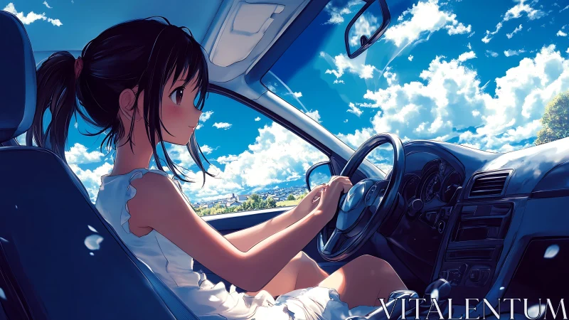 Girl drives compact car under bright summer sky