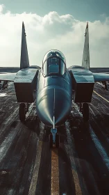 Photorealistic frontal study of modern twin-tail fighter jet.