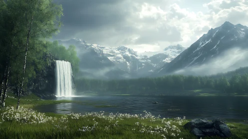 Mountain lake and waterfall under overcast sky landscape.