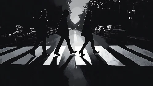 Monochrome urban crosswalk silhouettes in graphic noir style.