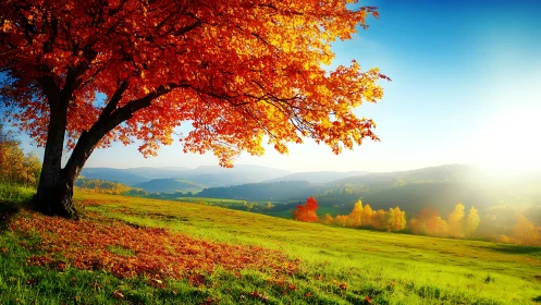 Photorealistic autumn hillside with radiant maple canopy.