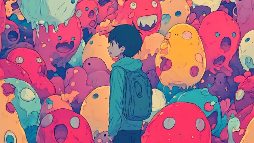Boy wandering through luminous blob creatures in dreamscape.