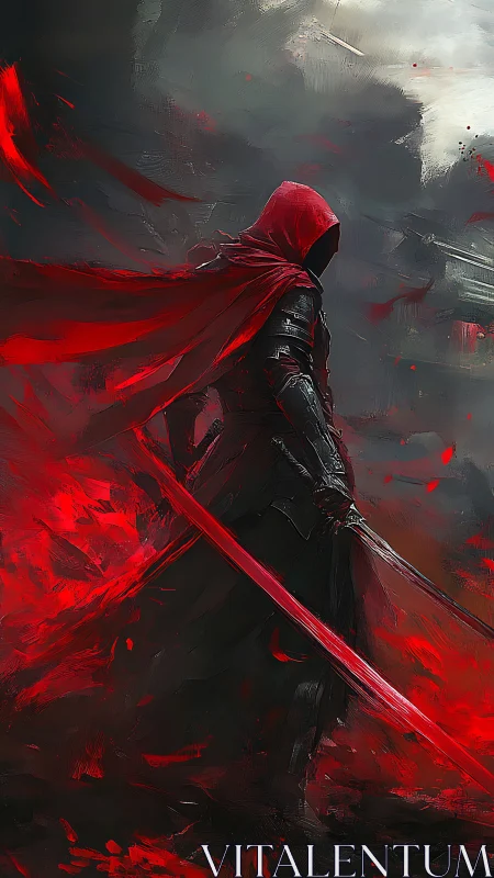 Red cloaked dark warrior amid swirling scarlet storm.