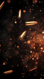 Gold-tipped bullets spin through ember-filled darkness.
