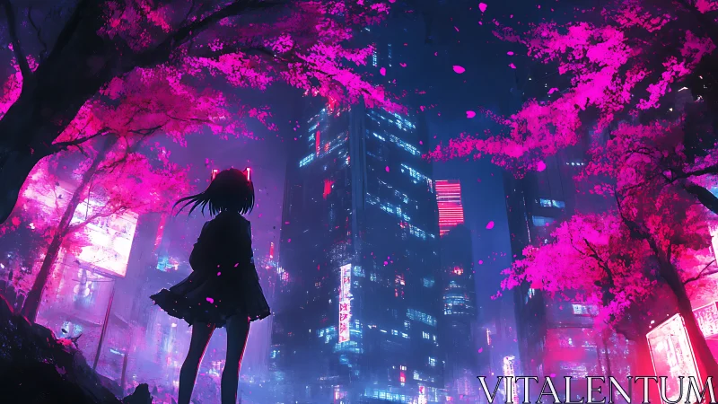 Neon cherry blossoms ignite a lone girl’s cyberpunk night.