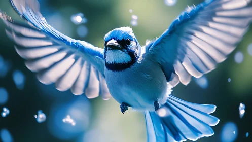 Vivid blue jay in flight with glowing wings, digital art style.
