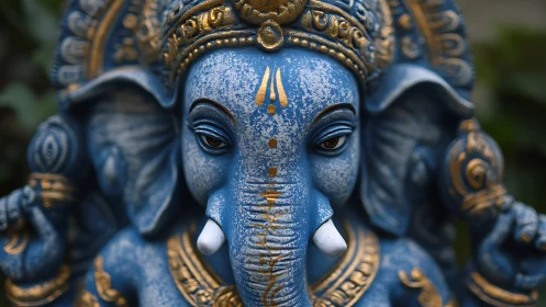 Blue elephant deity statue with gold ornamental details.