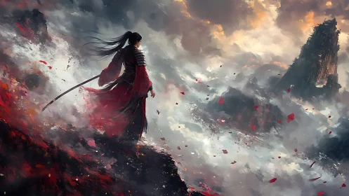 Storm-edge ronin surveys crimson cliffs and rising mists.