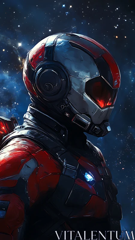 Armored space operative in red and white suit, side profile.