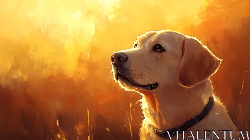 Golden retriever portrait in warm sunset brushlight glow.