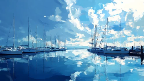 High-chroma marina scene with sailboats and specular water reflections