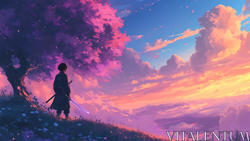 Lone samurai under cherry tree at neon sunset sky.