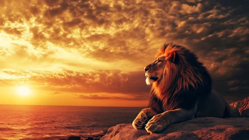 Male lion on coastal rock at sunset under dense clouds.