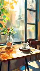Sunlit caf&eacute; corner with quiet coffee and gentle greenery.