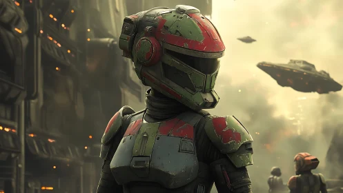 Battle-worn space ranger stands calm in a smoky sky warzone.