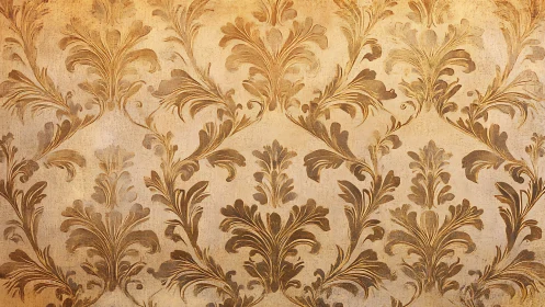 Vintage gold damask wallpaper with ornate leaf motifs.