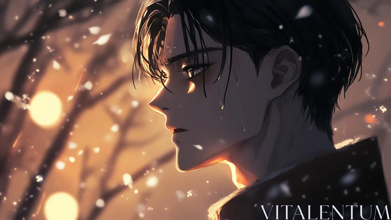 Side profile of male figure in winter dusk setting.