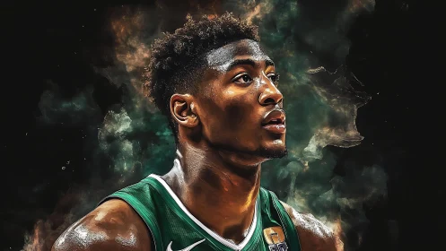Basketball player portrait in green jersey, digital artwork.