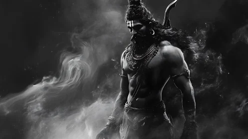 Powerful warrior in swirling shadow and sacred calm.