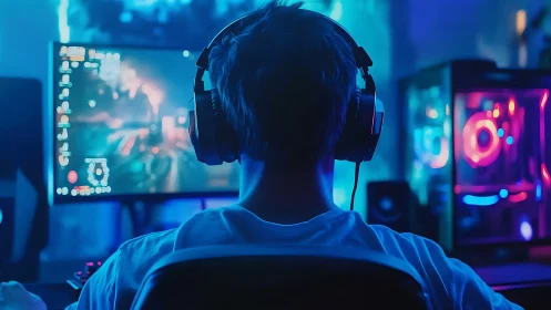 Person uses desktop gaming setup with RGB lighting