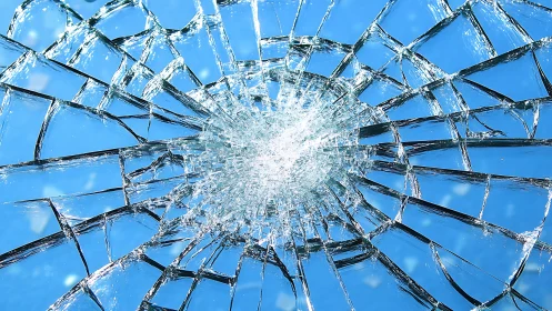 Shattered safety glass radiating cracks on blue sky field.