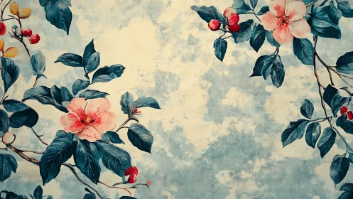 Floral branches extend across a textured blue background