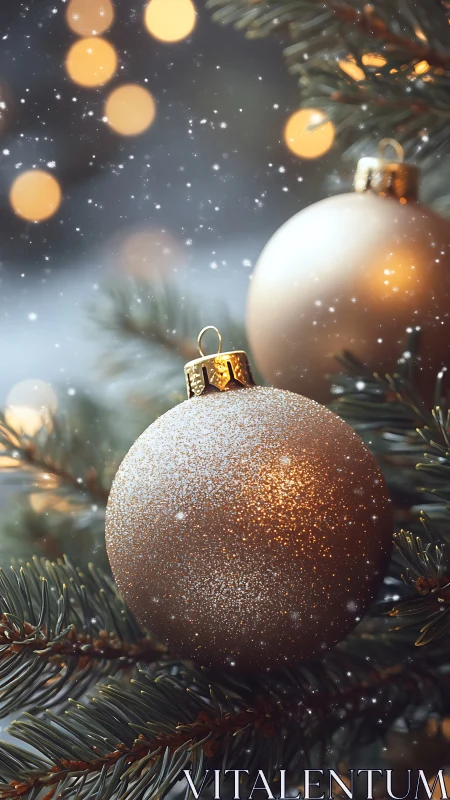 Golden Christmas ornaments amid softly falling snowflakes.
