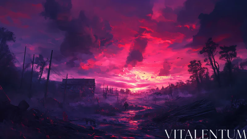 Digital painting of post-apocalyptic dusk marshland panorama.