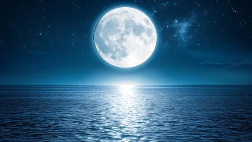 Full moon aligned over calm ocean horizon with bright reflection