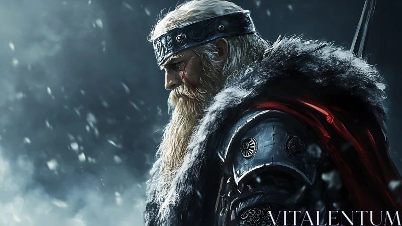 Armored northern warrior in snowfall side profile view.